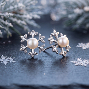 Snowflake Freshwater Pearl <b>Studs</b> <b>Silver</b> Plated Copper Jewelry Elegant Winter Holiday Gift for Women - Product Image 2