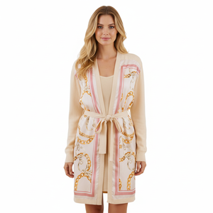 Maglione da donna personalizzato stile <span class=keywords><strong>lungo</strong></span> cappotto in maglia <span class=keywords><strong>con</strong></span> <span class=keywords><strong>cintura</strong></span> sbottonata <span class=keywords><strong>Cardigan</strong></span> alla moda <span class=keywords><strong>con</strong></span> stampa impiombata da donna in maglia <span class=keywords><strong>Cardigan</strong></span> - Product Image 1