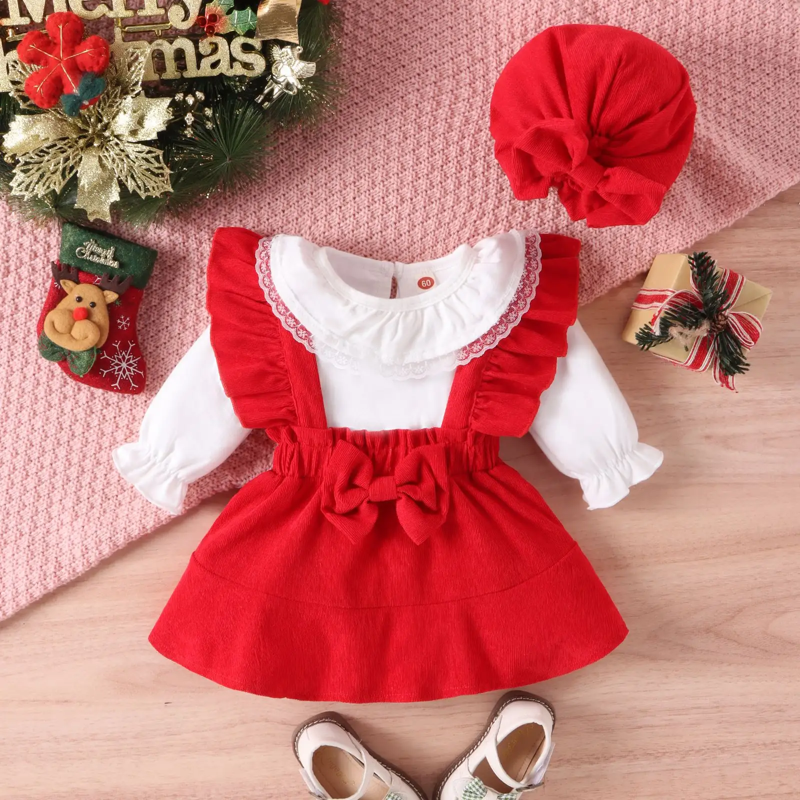 Ensemble de vêtements d'automne de Noël pour bébés filles, 3 pièces, manches longues, cols en dentelle, barboteuse, jupe jarretelle solide, chapeau, tenues pour tout-petits