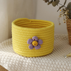 Handmade Woven Storage Basket <b>Round</b> Natural Fiber With Flower Decor For Desk <b>Bedside</b> Coffee <b>Table</b> Organization - Product Image 3