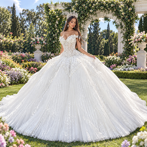 Dy1582 Superbe robe de mariée blanche en tulle plissé, style robe de bal, avec corsage perlé et traîne, pour cérémonie en extérieur Jancember - Product Image 1