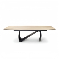 Grande table extensible en bois de chêne avec plateau en céramique mate et pieds en métal noir, meubles de maison, table à manger