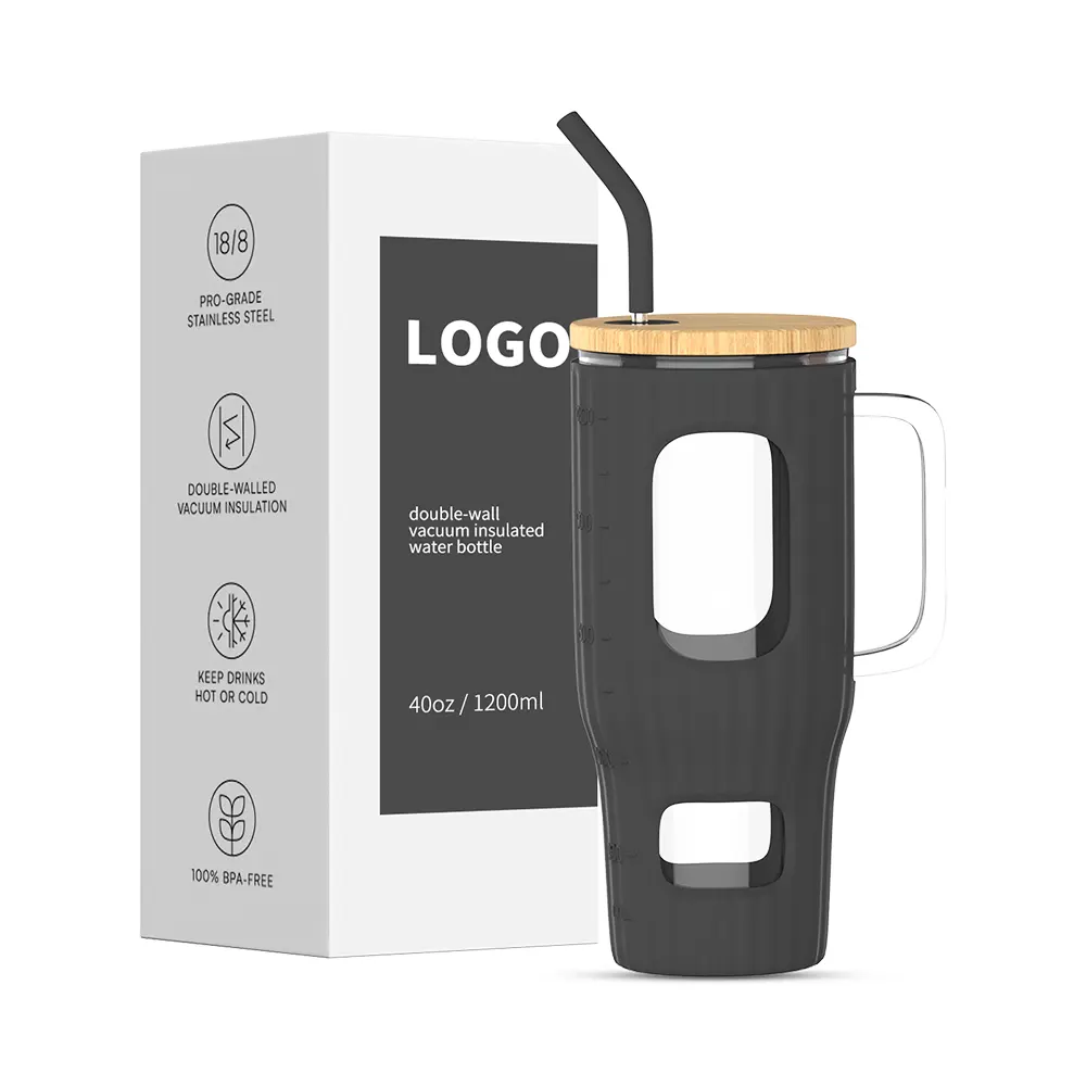 40 oz Tumbler kaca botol air besar dengan pegangan kaca es cangkir kopi dengan lengan silikon cocok di pemegang cangkir