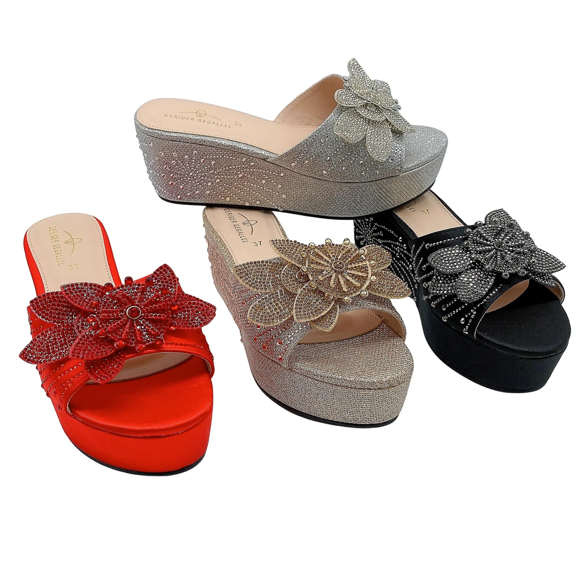 2022 Summer Handmade Flower Decorate Thick Platform Chunky Mules Wedges Women Sandals Shoes Ladies Wedge Slippers For Party