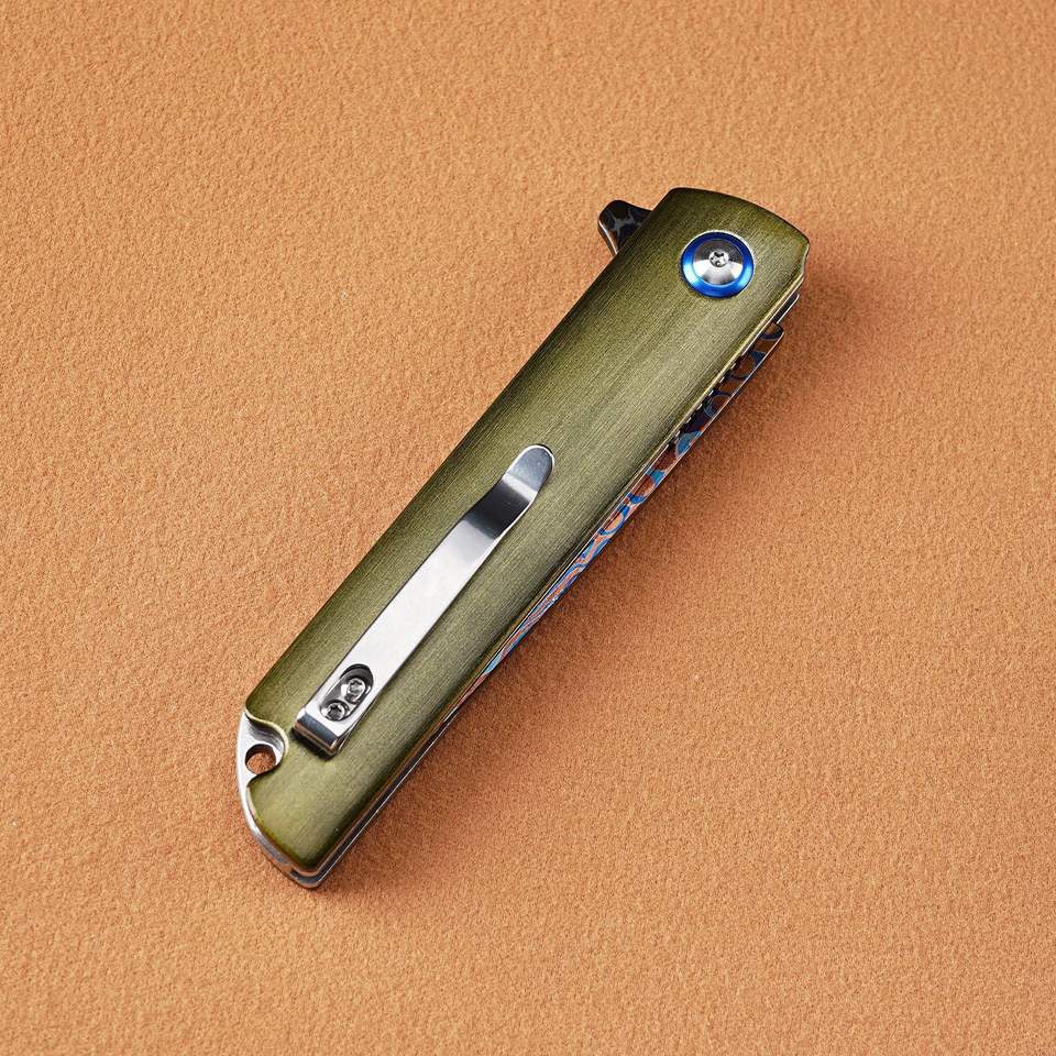 Blue Camping Box Heat-Blue Damascus Steel Folding Pocket Knife with Brushed Aerospace ...