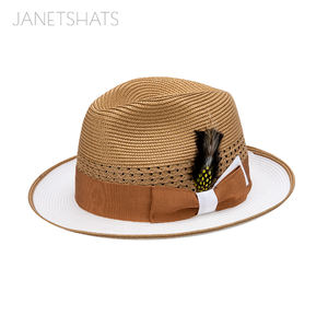 Sombrero de Paja para Hombre Bruno Capelo, 100% Poliéster Trenzado, Ala Rizada, Dos Tonos de Color, Banda con Lazo de Pluma para Viajes, Pesca y Actividades al Aire Libre - Product Image 1