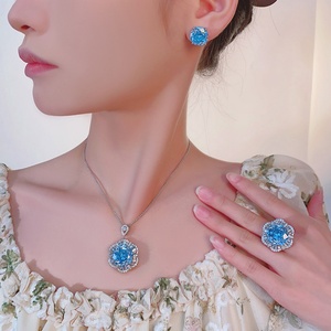Elegant Eco-friendly Copper 16-12mm Aquamarine Zircon Floral Pendant <b>Earrings</b> Ring <b>Set</b> Fancy Jewelry <b>Set</b> for Evening Banquet - Product Image 6