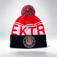 Bonnet personnalisé en jacquard à pompons, avec patch brodé rond, rayé, tricoté, chaud, coupe-vent, en acrylique, style streetwear, bonnet court