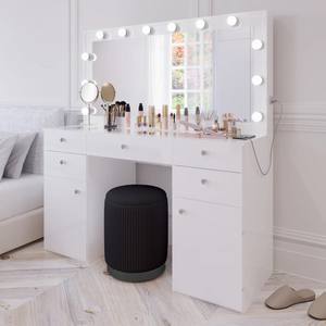 Ensemble de coiffeuse de luxe avec lumières LED blanches, plateau en verre, table de maquillage en bois moderne avec miroir et chaise - Product Image 4