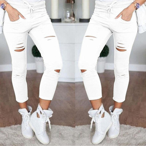 <span class=keywords><strong>Cargo</strong></span> Pantaloni Delle Donne di Modo Sottile A Vita Alta Elastica Skinny Rotto Foro Pantaloni Della Matita di Colore Solido Streetwear Pantaloni Delle Donne - Product Image 3
