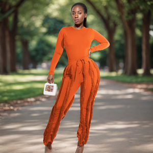 Hot Sale Casual Multicolor Long Sleeve Bodysuit Tassel 2 Piece Pants <b>Set</b> Women Fashion - Product Image 5