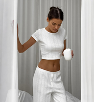 QINSI doux haut court Sexy ensemble nuisette printemps pyjamas 2 pièces vêtements de nuit Pointelle manches courtes col rond vêtements de nuit femmes