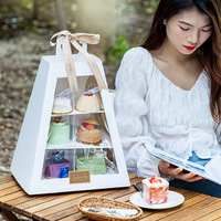 Boîte à gâteau de mariage blanche portable de luxe en forme de trapèze, boîte à cupcakes à 2 étages avec fenêtre transparente
