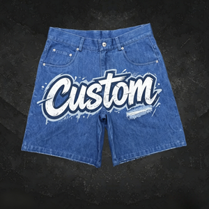 Shorts Bermuda en jean bleu taille haute pour homme avec poches, style décontracté en toile de coton délavée, fermeture boutonnée - Product Image 1