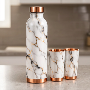 Juego de Botellas de Agua de Cobre Aisladas con Vetas Doradas de Mármol Hechas a Mano, con Tapas y Tazas de Cobre, Ecológicas - Product Image 1