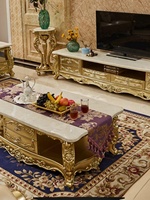 Table basse en marbre naturel sculpté en bois massif de style européen, ensemble de meubles de salon avec espace de rangement, nouveau fini doré