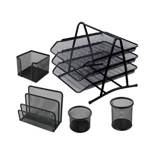 Metal Desk Organizer Office Desk Set 5 Desktop Accessories Includes <b>File</b> Paper <b>Tray</b> Mail Letter Organizer Pen Cup - Product Image 1