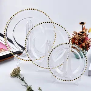 DD1294, оптовая продажа, тарелки из прозрачного стекла с золотыми бусинами, кутюр, зарядное устройство, посуда, свадебное украшение, тарелка, обеденная тарелка с ободом из бисера