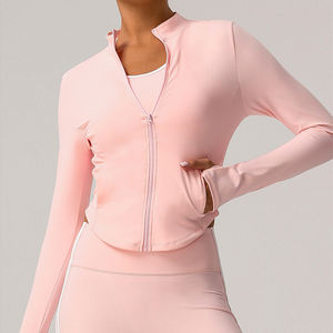 Venta al por mayor logotipo personalizado tela de yoga Fitness deportes Yoga Tops a prueba de viento chaqueta de mujer con cremallera cuello de pie <span class=keywords><strong>abrigo</strong></span> <span class=keywords><strong>ajustado</strong></span> para correr - Product Image 4