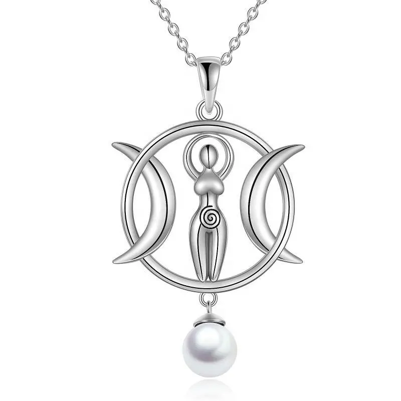 Colgante de Plata de Ley 925 con amuleto de la diosa de la Luna, collar de perlas de agua dulce con concha