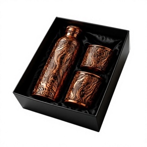 Luxury Engraved Copper Water Bottle <b>Flask</b> Set with <b>2</b> <b>Cups</b> Lid Gift Box for Business Gifts - Product Image 1
