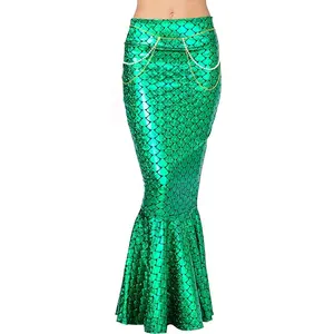 Bayan Mermaid Cosplay etek cadılar bayramı kostüm balık pulu baskı bel zinciri ile yüksek bel etekler