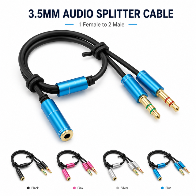 High Quality3.5mm Audio Splitter Cable 1 Female to 2 Male Headphone Mic Jack Adapter for PC Laptop Gaming Headset Aluminum Shell
