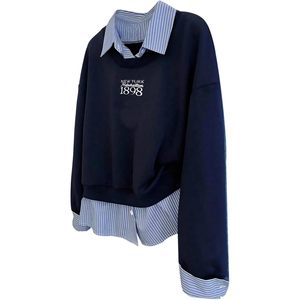 Sudadera gráfica personalizada para mujer, de manga larga, con cuello, estilo preppy, tejida, transpirable, 2 en 1. - Product Image 1