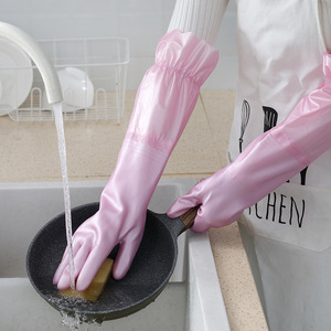 ถุงมือล้างจานบุขนแกะหนาขึ้นกันน้ำสีทึบสำหรับใช้ในครัวบ้าน - Product Image 1