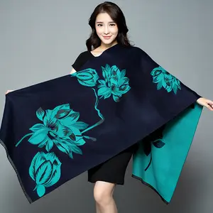 Custom Fashion Lady Warm Long Size Pure Color Shawl Luxury Jacquard Large Floral Scarf Cashmere Cape