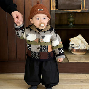 Vêtements pour bébé en acrylique de style coréen, printemps automne, garçons filles, manteau tricoté rétro, ensemble tendance deux pièces pour garçons - Product Image 2