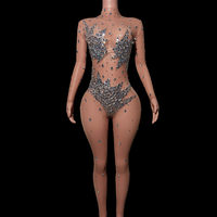 Combinaisons Bodysuit Transparentes en Strass pour Femme – Festival, Danse, Scène – Maille Diamant Moulante et Sexy