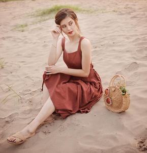 Robe tablier marron pour femmes, en lin, avec bouton latéral et col carré, tenue décontractée, fait à la main, nouvelle collection, - Product Image 4