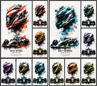 Impression sur toile aquarelle de casque de pilote de Formule 1 moderne pour décoration murale, idéale pour la décoration de la cave du homme, du garage, du bureau, de la salle de jeux ou de la maison.