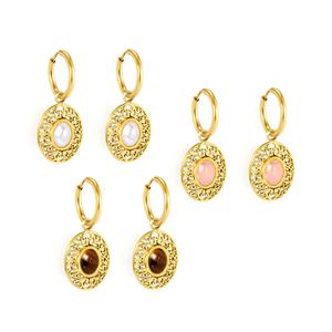 Boucles d'oreilles personnalisées en pierre naturelle, vente en gros, bijoux en acier inoxydable étanche plaqué or 18 carats, créoles géométriques rondes - Product Image 3