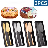 Premium gekleurde roestvrijstalen cake-schepsets met vierkante handgrepen voor bruiloften, feesten en bakkerijen.