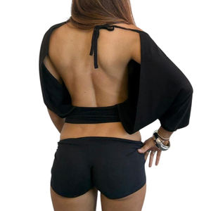 Ensemble deux pièces décontracté noir pour femme : T-shirt ample à manches courtes dos nu à nouer + Short taille basse patchwork avec ceinture - Product Image 4