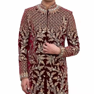 Ensemble Sherwani de luxe pour marié marron | Broderie à embellissement lourd avec cristal, perles de verre et travail Dabka | Chaussures et pantalons assortis - Product Image 3