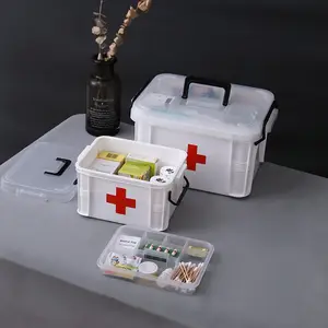 Boîte à médicaments facilement accessible avec couvercle transparent boîte de rangement organisateur 2 couches compartiment famille trousse d'urgence mallette de rangement