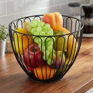 Panier à fruits rond en métal, conteneur de rangement en fer, support alimentaire minimaliste pour cuisine, conception soudée durable, type sur pied à un seul niveau - Product Image 2