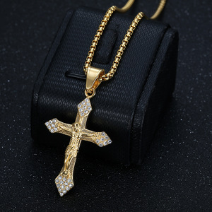 Collar de Moda con Colgante de Cruz Cristiana Religiosa de Acero Inoxidable Chapado en Oro con Circonitas, Joyería Hip-Hop de Alta Venta - Product Image 2
