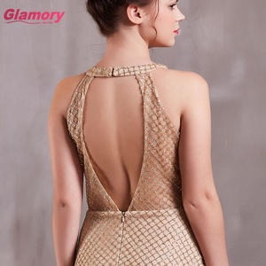 Emas Halterneck Mermaid <span class=keywords><strong>Prom</strong></span> Grosir Gaun Malam Payet Tulle Gaun Malam - Product Image 4