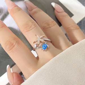 Bague Étoile de Mer et Tortue en Laiton avec Émail Bleu et Zircon Cubique, Bijoux pour Femme Style Côtier - Product Image 2