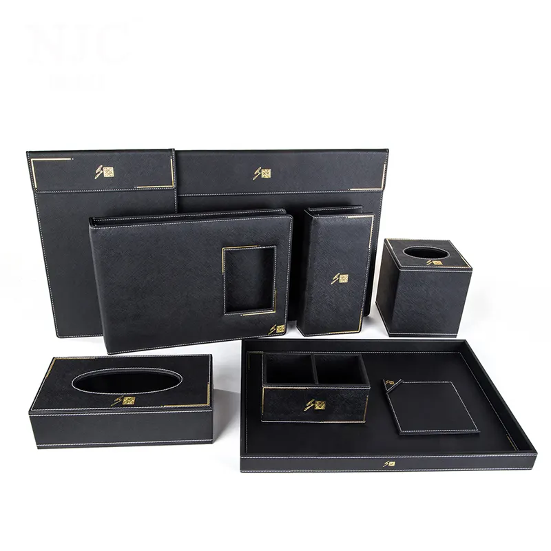 2021 New luxury Custom logo black pu faux artifial leather amenity hotel supplies list manufacturer for hotel supply