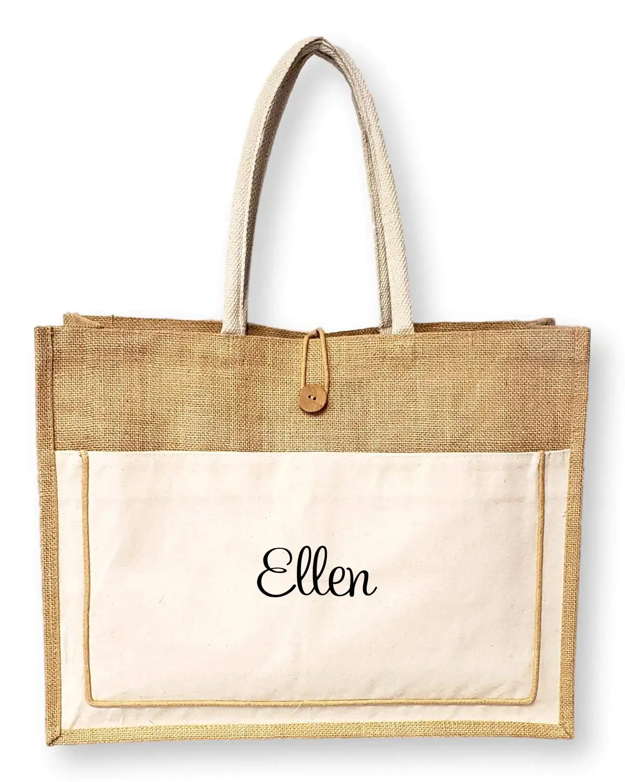 Reusable Large Tote Grocery Vintage Style Jute With Cotton Pocket Shopping Bag