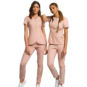 Soins infirmiers hospitaliers couleur unie uniforme femmes gommages hauts à manches courtes col en v soignant travail uniformes médicaux vêtements de laboratoire - Product Image 1