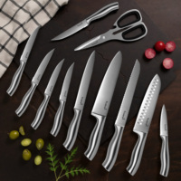 Ensemble de couteaux de chef en bois d'acacia de qualité supérieure, 15 pièces, manche en acier inoxydable, ciseaux de cuisine et aiguiseur intégré