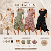 Robe midi décontractée pour femme, col carré, manches bouffantes, taille smockée, volants irréguliers, uniforme de bureau, OEM ODM, logo personnalisé