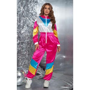 Mono retro de una pieza con bloques de color para mujer, de cintura alta, de satén, con cremallera, estilo años 80, para fiesta - Product Image 5
