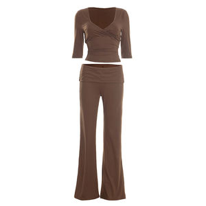 Viviblook Q25ST471 Traje de yoga informal para mujer, camiseta de manga larga con cuello en V, pantalones largos, conjunto de dos piezas - Product Image 6